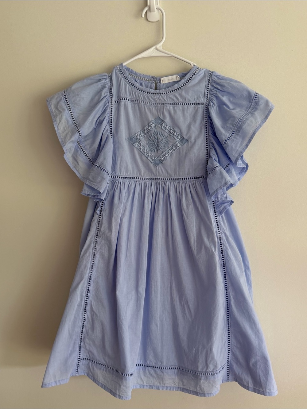 Mango Light Blue Embroidered Ruffle Sleeve Dress